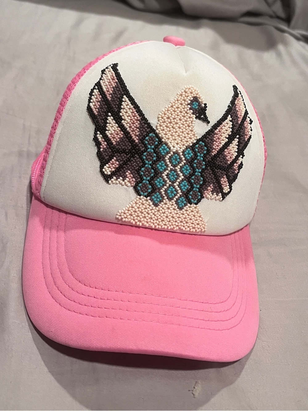 Hand Beaded Huichol Eagle Trucker Hat Pink Turquoise Seed Bead Cap